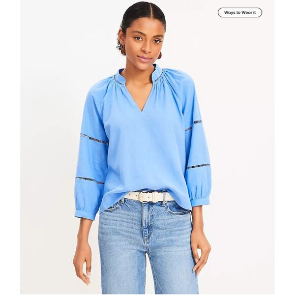 LOFT Women's Boho Linen Blend Top Sz L Blue V-Neck Cutout Lightweight 3/4 Sleeve - Picture 1 of 9